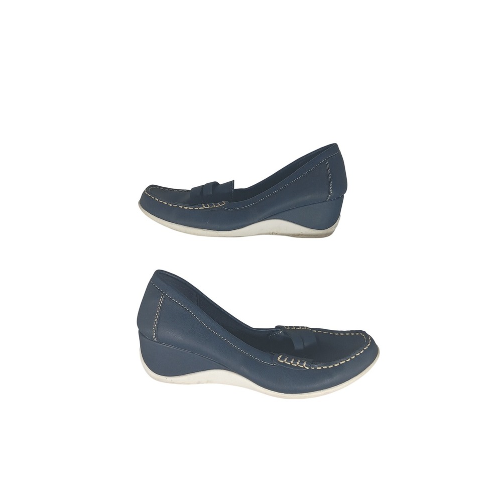 St. John's Bay Ebina Wedge Loafers 7M Navy Blue Preppy Nautical Comfort Career